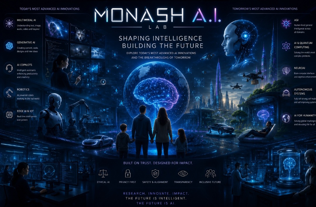 A futuristic AI laboratory showcasing robotics, quantum computing, neural interfaces and ethical artificial intelligence